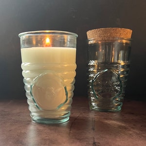 Recycled Glass candle, reusable Honey Bee drinking glass, 100% recycled glass, soy wax wooden wick, eco friendly