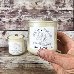 Tallow + Beeswax Candle 5 oz, Grass-Fed Hand-Rendered Beef Tallow Candle with Wooden Wick in Upcycled Glass Jar - Soy and Paraffin-Free