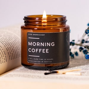 Morning Coffee Wood Wick Candle, Soy Wax Candle in Amber Jar, Coffee Scented Candle Gift for Coffee Lover, Housewarming Gift