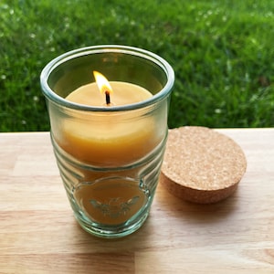 Beeswax Candle in Honeybee Glass Jar 100% All Natural Bees Wax / Spanish Recycled Glass Ecofriendly Pure Cotton Wick Candles Gift / Cork Lid