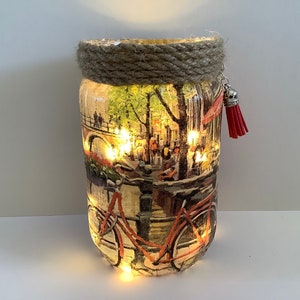 Amsterdam candle holder jar, Upcycled glass decoupage lamp, souvenir gift, decorative lantern, unique nightlight, Student dorm decor, light
